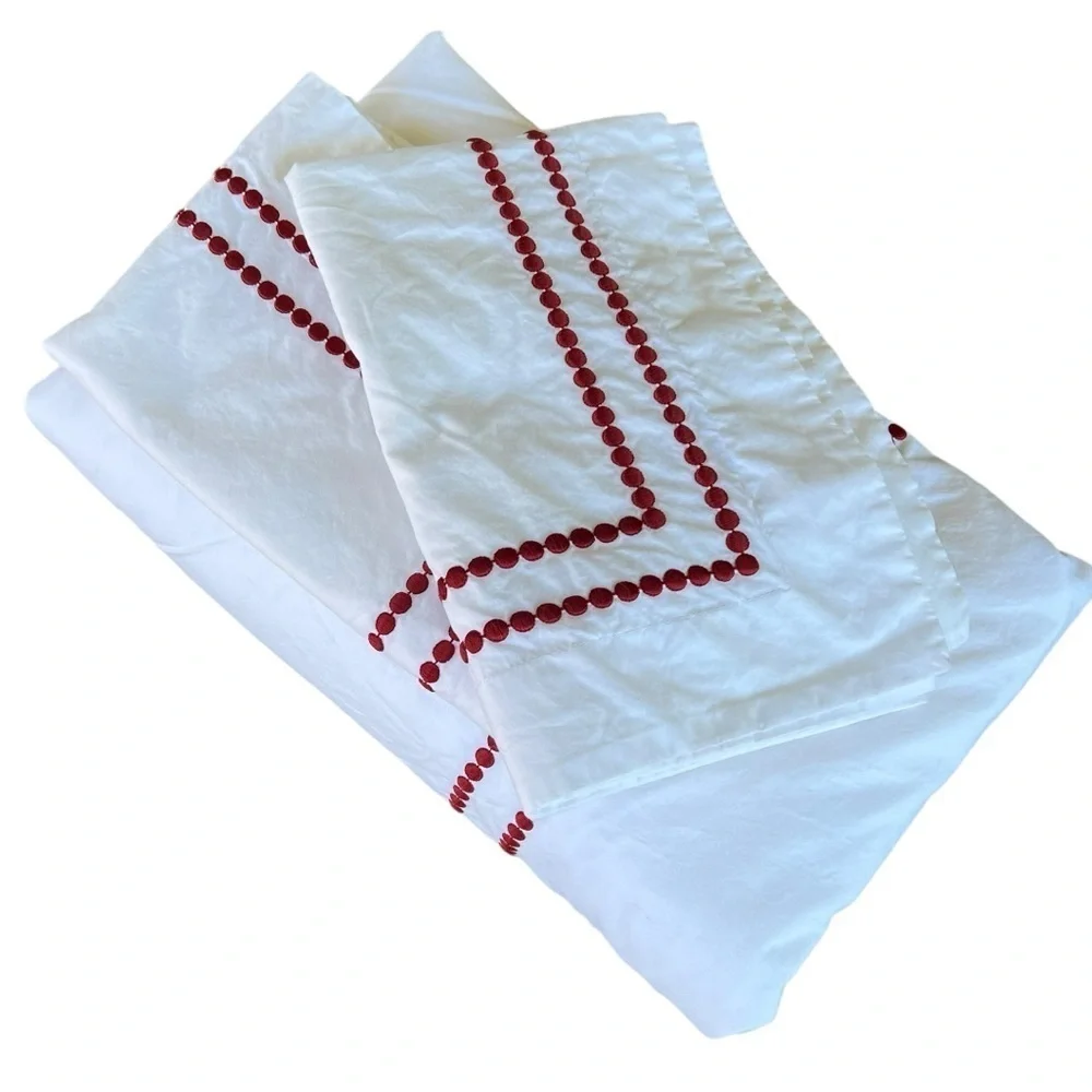 Pottery Barn Pearl Dot Embroidered Trim Duvet Set Ruby Red White Full Queen GUC